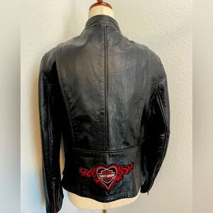 Harley Davidson Leather Moto Rider Jacket Zippers Fitted Rhinestone Heart SZ 14